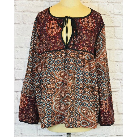Sanctuary Womens MEDIUM Patchwork Paisley Boho Blouse Peasant Top Long Sleeve - Picture 1 of 9